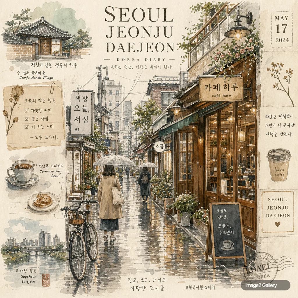韩国城市水彩旅行插画